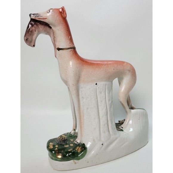 Vintage Staffordshire Whippet Greyhound Hunting Dog w. Rabbit Hare Figurine 11" - Picture 8 of 15